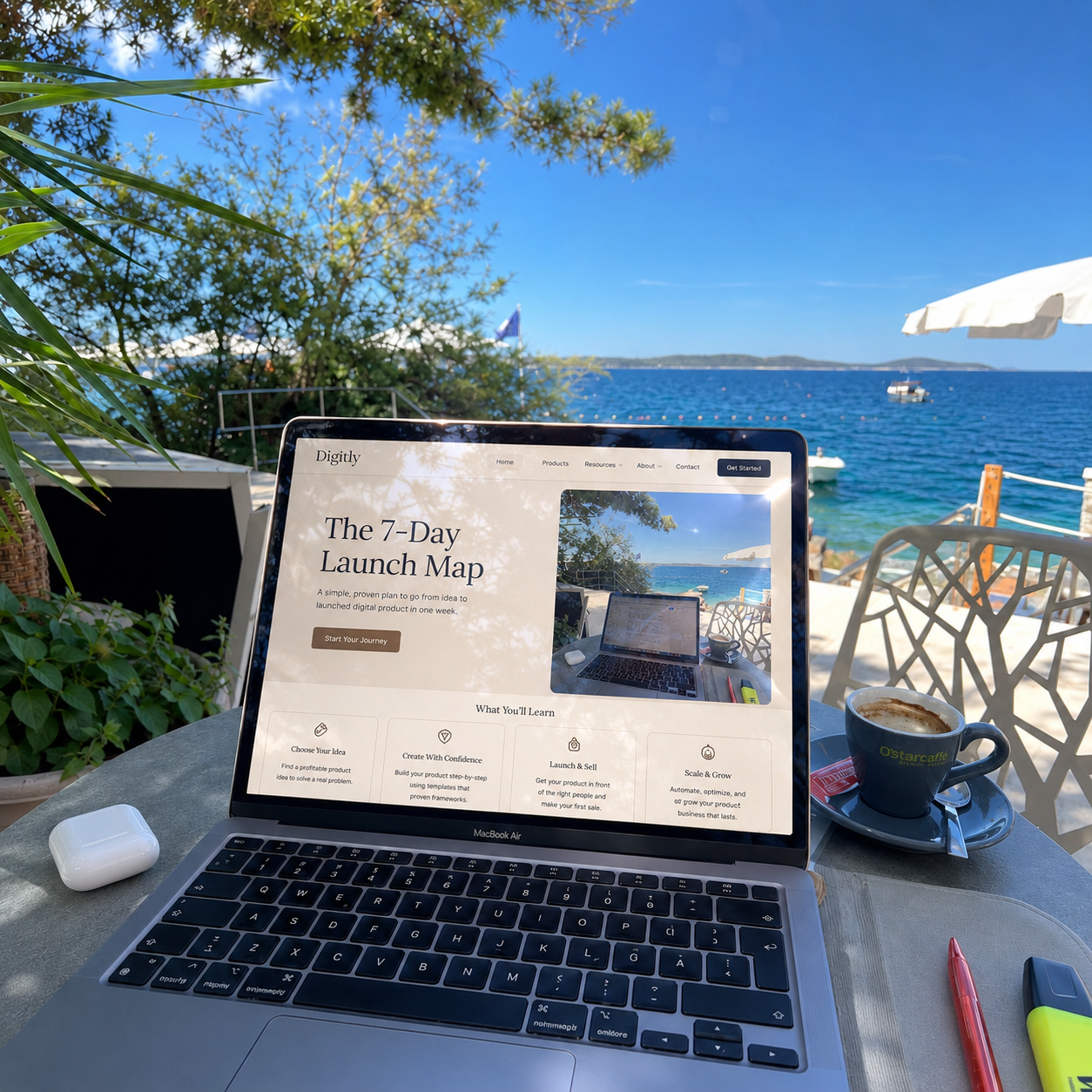 A laptop at a seaside cafe showing The 7-Day Launch Map page